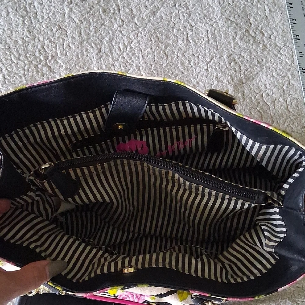 Betsey Johnson Black & Pink Floral Striped Satchel
